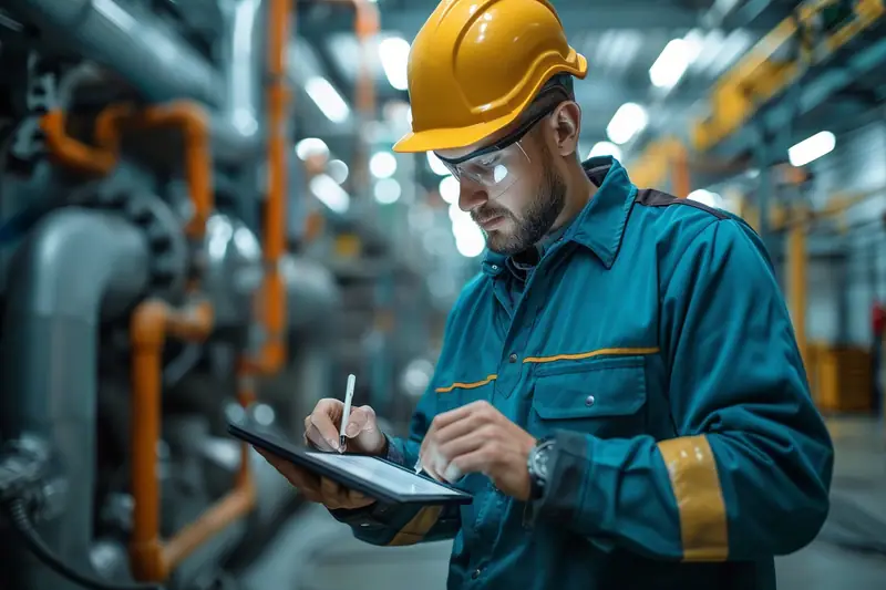 Technicien renseignant un rapport de maintenance sur tablette devant une armoire technique