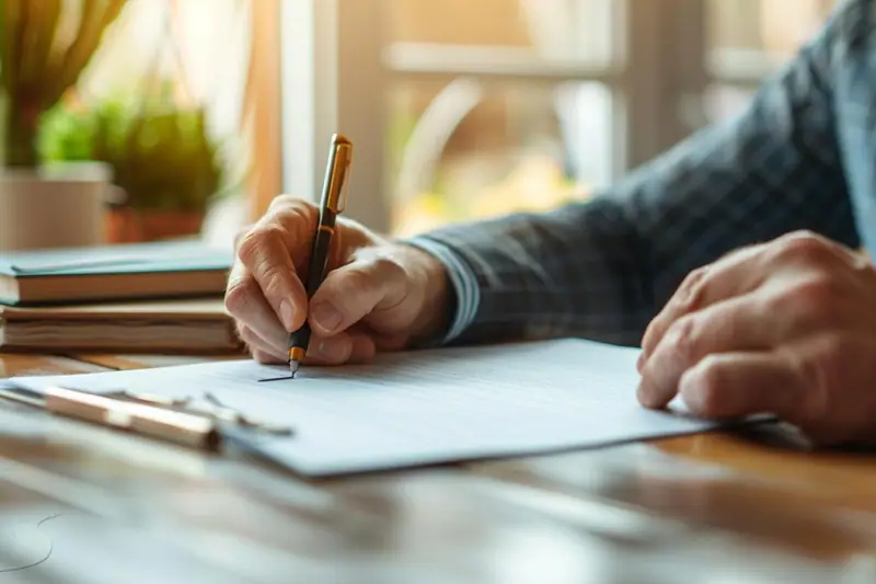 Professionnelle relisant une lettre formelle imprimée sur un bureau lumineux avec documents classés