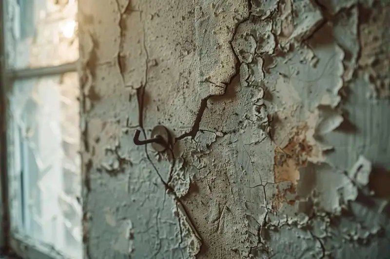 Réparation d’un trou de cheville sur un mur blanc avec enduit et couteau à enduire