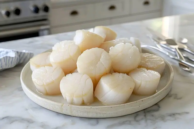 Noix de Saint-Jacques décongelées et séchées sur papier absorbant avant leur cuisson