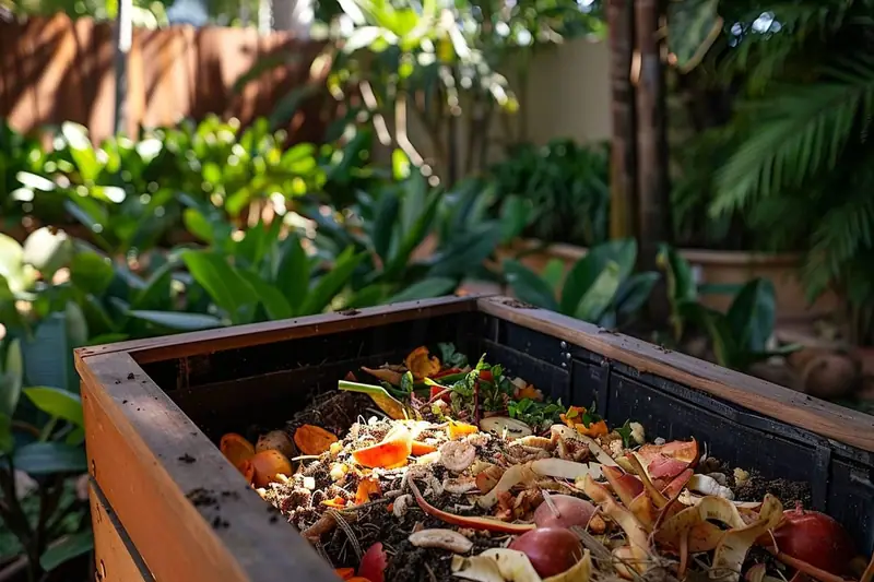 Composteur en bois ouvert dans un jardin avec feuilles, broyat et outils de brassage