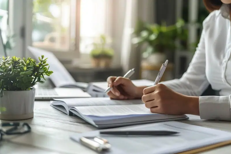 Professionnelle relisant un compte rendu de réunion annoté devant son ordinateur