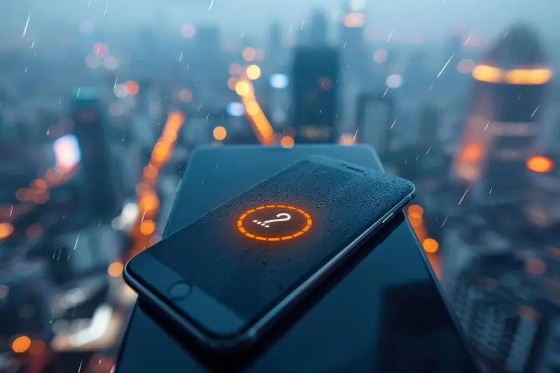 iPhone affichant Aucun service tenu près d'une fenêtre, avec antennes urbaines floues au loin
