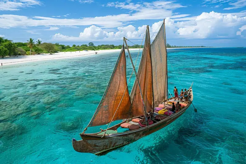 Dhow traditionnel naviguant dans le lagon turquoise de Zanzibar près d’un récif corallien