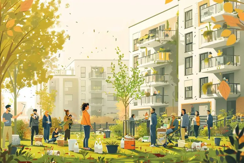 Locataire réglant un thermostat dans un appartement lumineux avec plantes et bac de tri