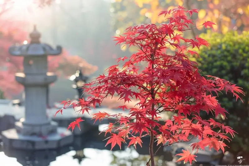 Jardinier taillant avec précision un érable du Japon au feuillage rouge dans un jardin ombragé