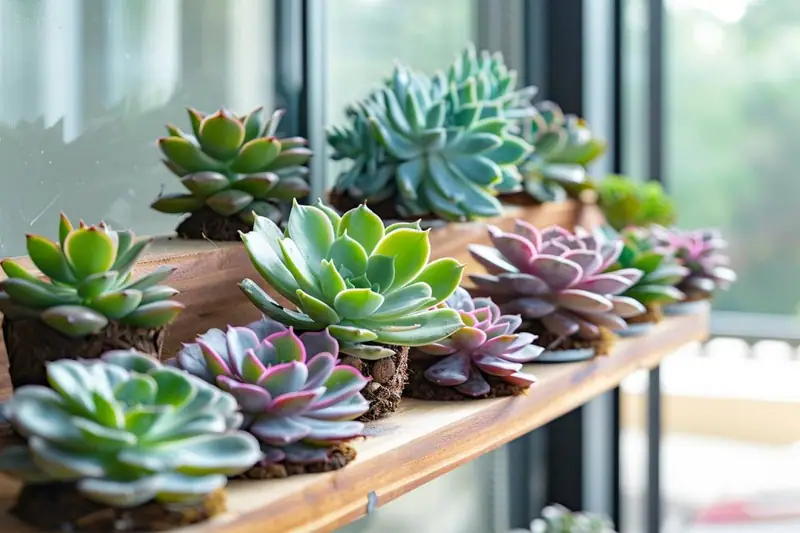 Composition de plantes succulentes variées dans des pots en terre cuite près d'une fenêtre lumineuse