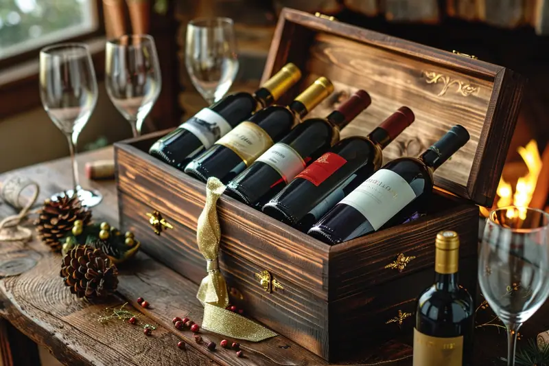 Coffret de deux bouteilles de vin avec carte de dégustation sur une table en bois