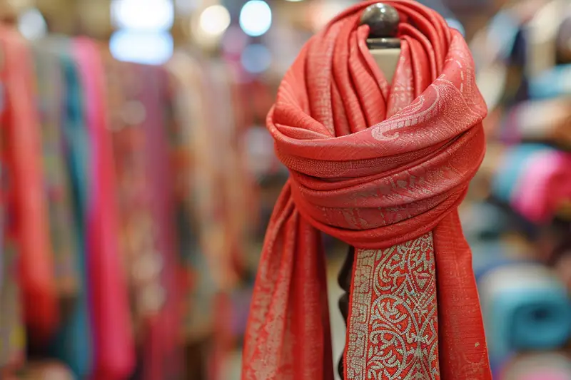 Foulard rouge personnalisé plié sur une table avec échantillons de tissus et maquette imprimée