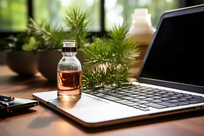 Flacon d’huile essentielle et mouchoir sur un bureau lumineux près d’un ordinateur portable