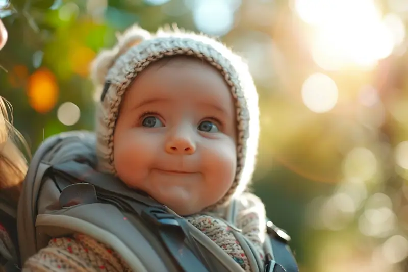 Parent ajustant un porte-bébé ventral avec un nourrisson, visage de l’enfant bien dégagé