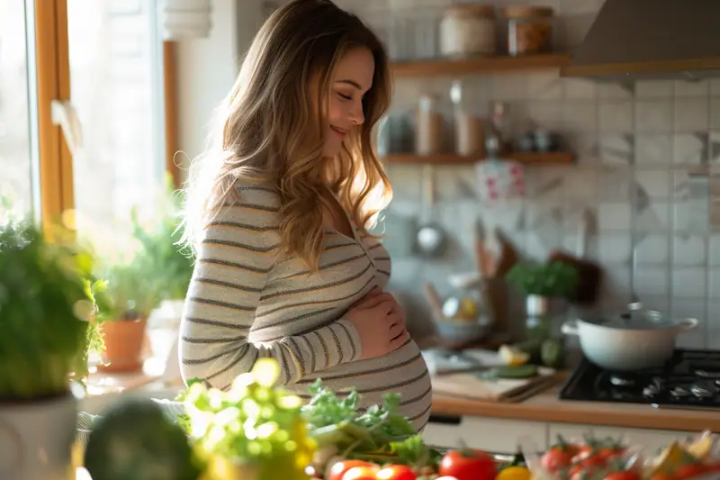 Femme enceinte suivant son poids dans un carnet, avec une balance et des aliments frais