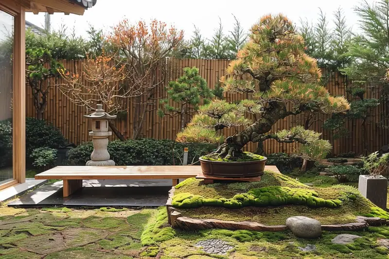Main taillant avec précision les jeunes branches d’un bonsaï feuillu sur une table de jardin