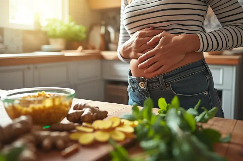 Personne assise après un repas, main posée sur le ventre dans une cuisine lumineuse