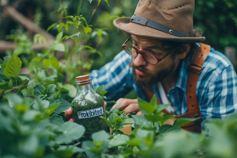 Jardinier diluant du purin d’ortie dans un arrosoir près d’un potager paillé