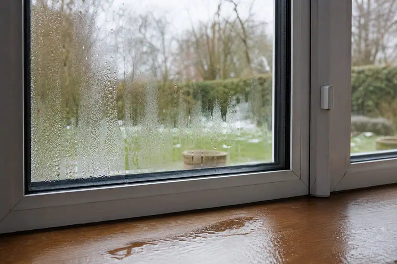 Vitre de fenêtre couverte de buée et de gouttes ruisselantes vue de l’intérieur, eau stagnante sur l’appui en bois