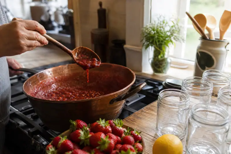 Bassine en cuivre remplie de confiture de fruits rouges en ébullition, cuillère en bois levée laissant couler le sirop, pots en verre à côté