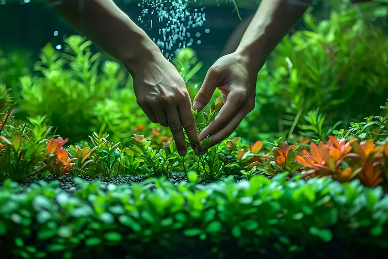 Aquarium d’eau douce planté avec racines, plantes vertes et poissons discrets