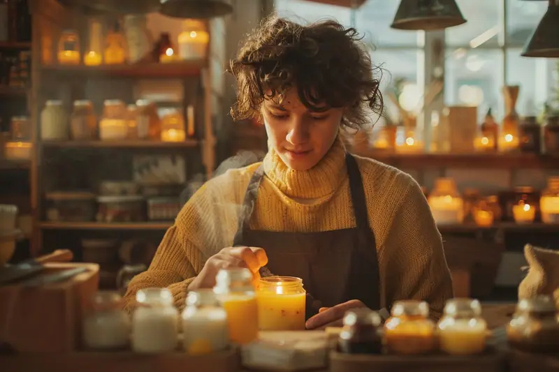 Fabrication d’une bougie parfumée maison avec cire fondue, mèche centrée et pot en verre
