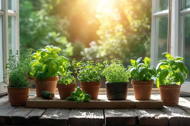 Basilic, thym, persil et romarin vigoureux dans des pots percés sur un balcon lumineux