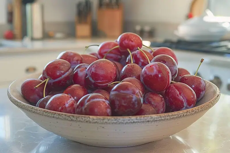 Prunes dénoyautées alignées sur une plaque avant leur congélation en sachets