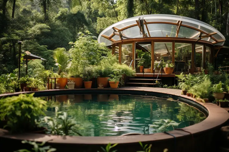 Abri en bois et polycarbonate indépendant autour d’une piscine hors sol dans un jardin