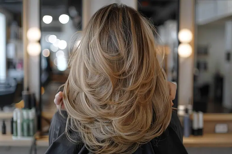 Coiffeuse ajustant un dégradé souple sur cheveux mi-longs ondulés devant un miroir