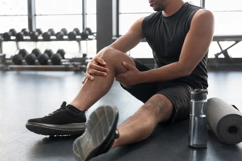 Personne assise au sol après une séance de sport, main posée sur une cuisse douloureuse