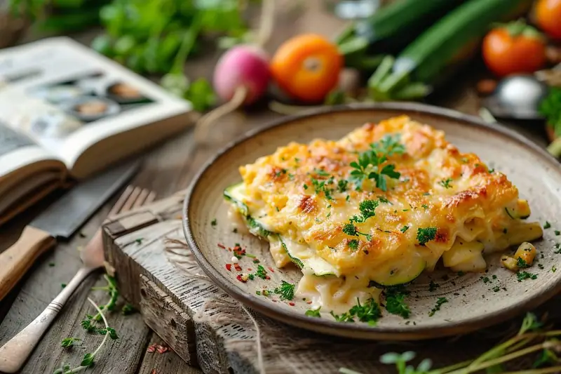Galettes, gratin et roulés de courgettes au fromage servis sur une table estivale