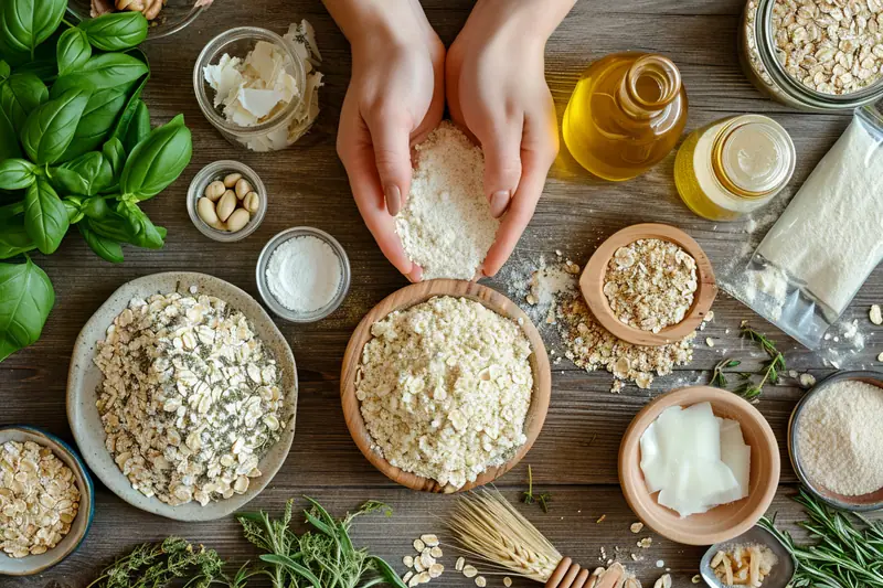 Poudres naturelles et pinceau déposant un shampooing sec maison sur des racines de cheveux