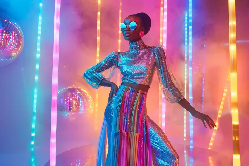 Tenue disco maison avec pantalon évasé, chemise satinée et accessoires dorés sur une piste éclairée