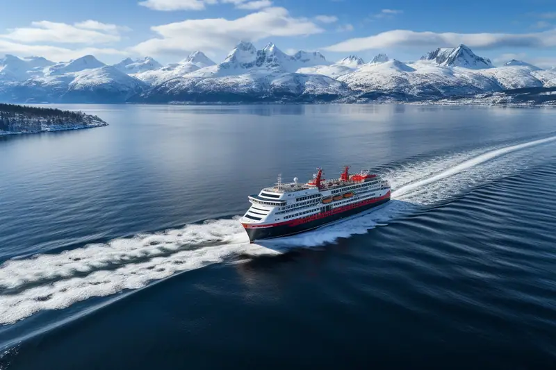 Navire de croisière naviguant lentement entre les falaises et cascades d’un fjord norvégien