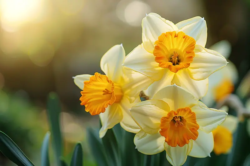 Touffe de narcisses jaunes et blanches fleurissant dans une bordure de jardin au soleil printanier