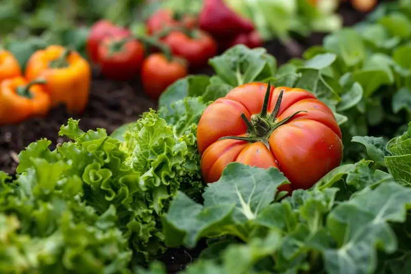 Potager familial avec légumes variés, paillage et filet de protection contre les insectes
