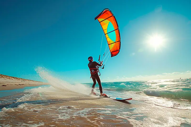 Pratiquant en kiteski pilotant une aile sur un plateau enneigé dégagé et venteux