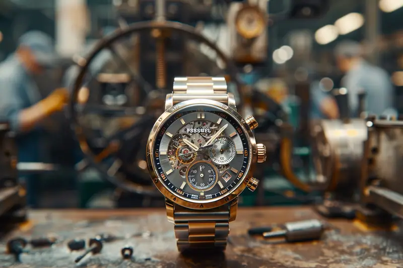 Montre de style vintage en acier posée près d’un établi d’horlogerie avec outils de précision