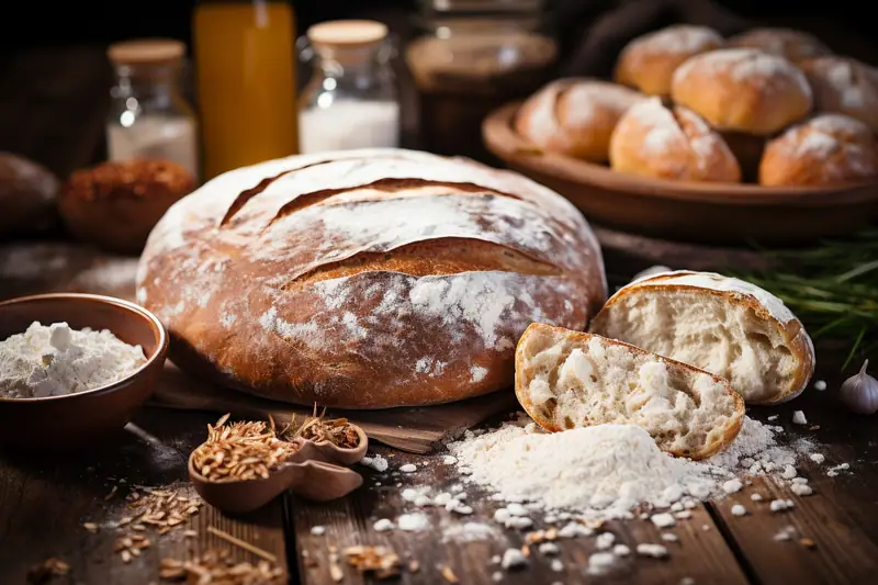 Miche de pain maison fendue et dorée, refroidissant sur une grille près d’un saladier de pâte