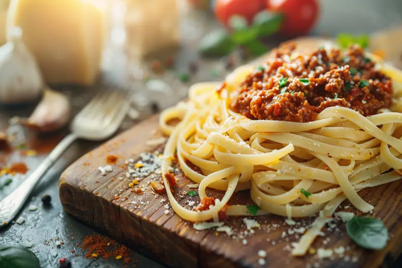Tagliatelles fraîches nappées de ragù bolognaise dans une assiette rustique
