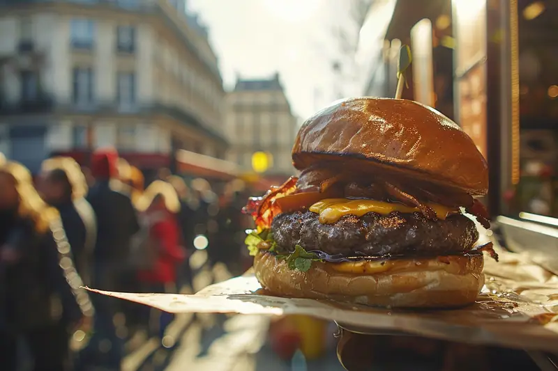 Burger artisanal servi sur un plateau devant un food truck dans une rue parisienne animée