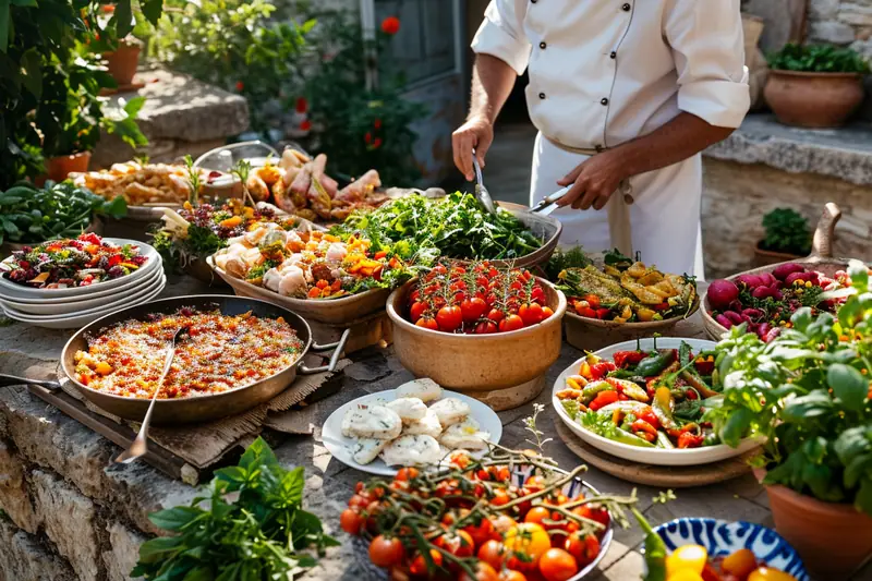 Table méditerranéenne avec légumes rôtis, pois chiches, herbes fraîches et huile d’olive