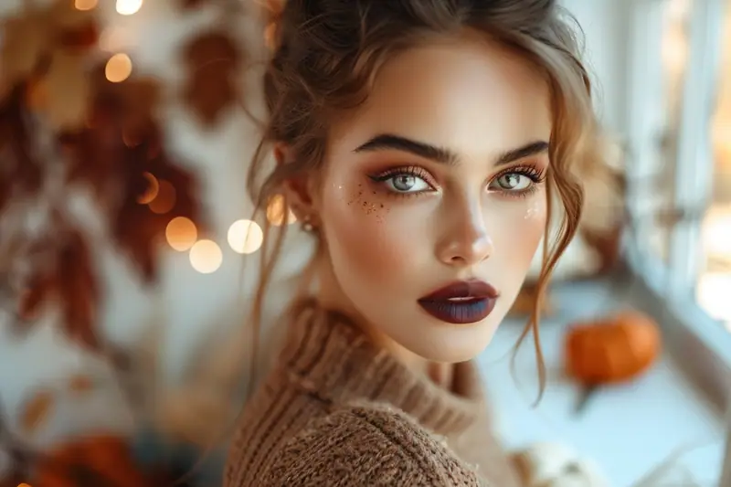 Trousse de maquillage automne-hiver avec fards cuivrés, blush prune et rouge à lèvres bordeaux