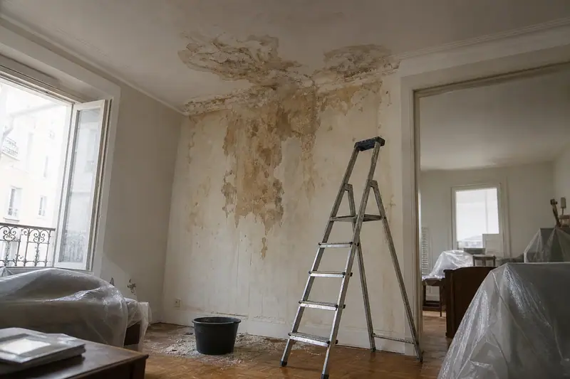 Plafond d’appartement marqué par une large auréole d’humidité et une peinture qui cloque, seau posé au sol sous la fuite