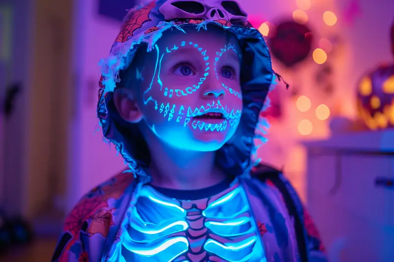 Enfant de trois ans de dos portant un costume squelette confortable avec détail réfléchissant