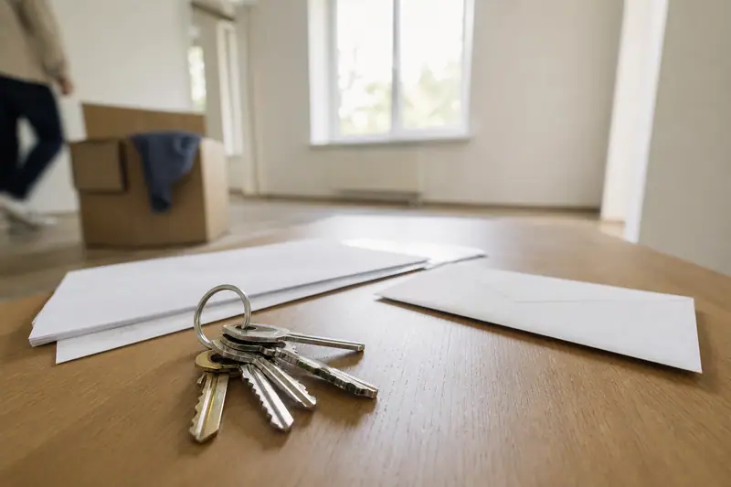 Trousseau de clés posé sur des papiers et une enveloppe dans un logement vide