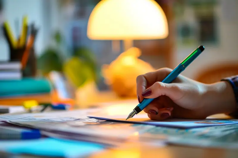 Main remplissant soigneusement un chèque avec un stylo près d’un chéquier et d’une facture