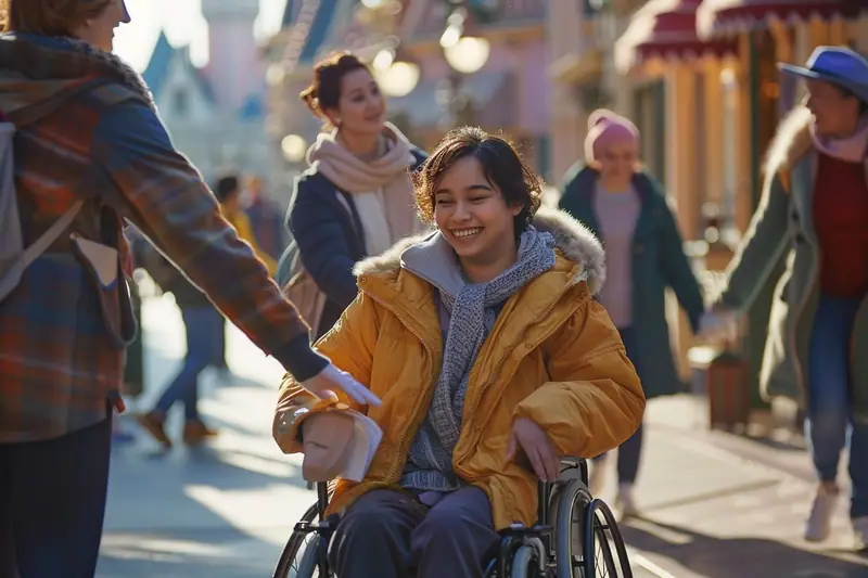Visiteur en fauteuil roulant sur une allée large d’un parc d’attractions avec un accompagnant