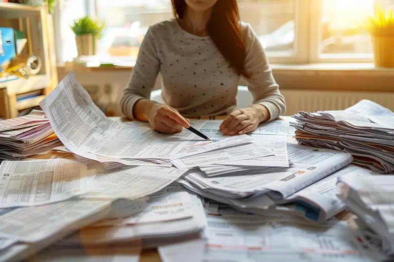 Contribuable comparant une déclaration fiscale papier et un ordinateur sur une table de cuisine