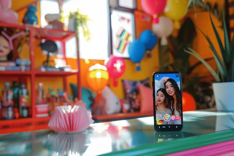 Deux créateurs animent un direct collaboratif sur smartphone avec trépied et éclairage doux