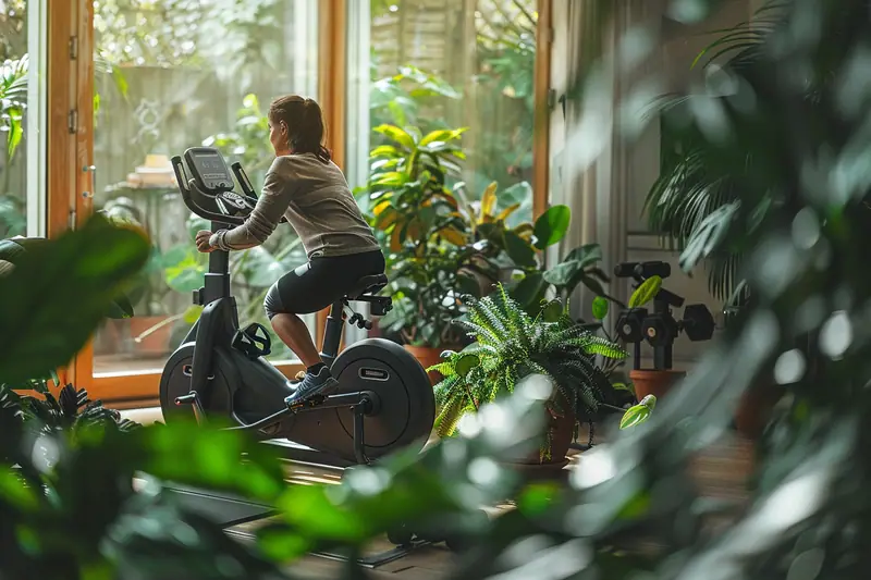 Personne pédalant sur un vélo d’appartement bien réglé dans un salon lumineux