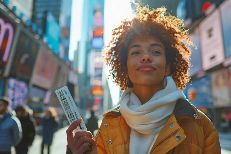 Usagère comparant son abonnement de transport et son téléphone sur un quai de gare